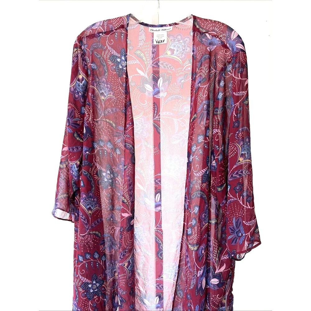 Elisabeth Williams Women Open Cardigan Red Pink Floral kimono Semi Sheer 3X